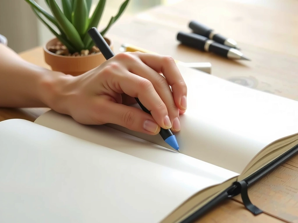 Zápisník a rostlina na stole